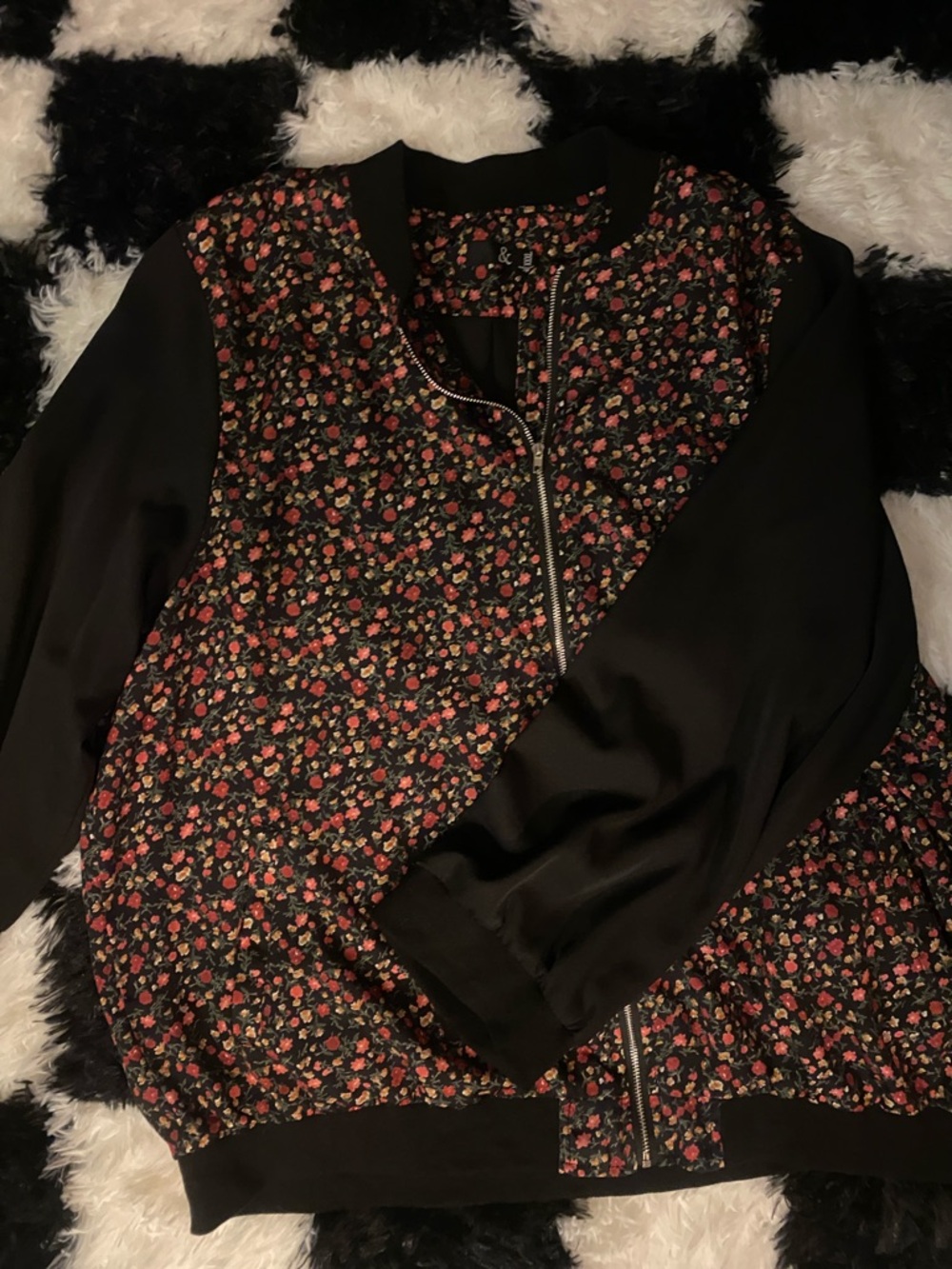 AMPERSAND AVE Black Bomber Jacket with Pink & Red Floral